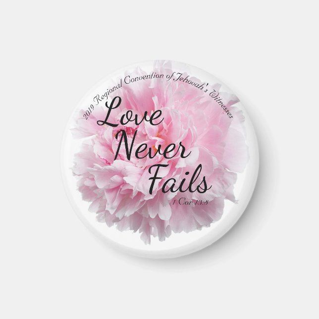 Floral Peony Love Never Fails JW Convention Magnet (Front)