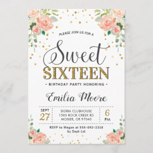 Floral Peony Peach Sweet Sixteen 16 Girl Birthday Invitation