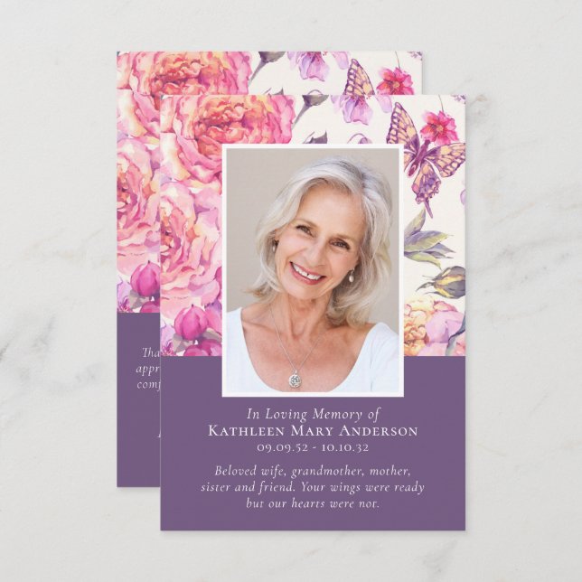 Floral Peony Photo Memorial Funeral Sympathy  Thank You Card (Front/Back)