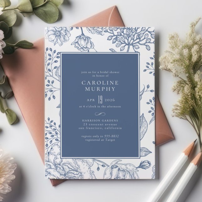 Floral Periwinkle Blue Elegant Bridal Shower Invitation (Creator Uploaded)