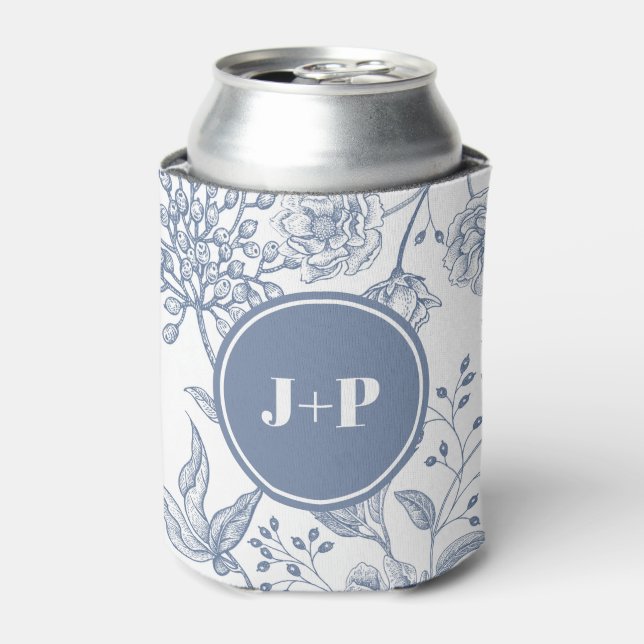 Floral Periwinkle Blue Monogram Wedding Can Cooler (Can Front)