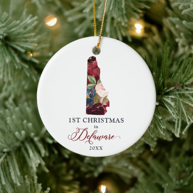 Floral Personalised 1st Christmas In Delaware DE Ceramic Ornament (Tree)