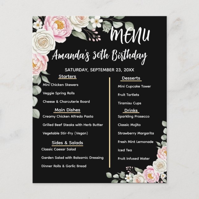 Floral Personalised Birthday Menu Program Card (Front)