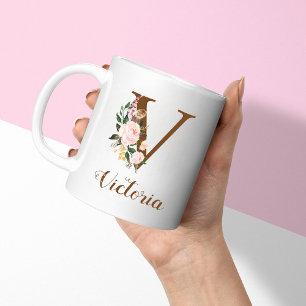 Floral Personalised Bridesmaid Letter V Gift Coffee Mug