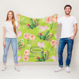 Floral Personalised Cactus Green Fleece Blanket