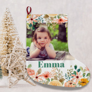 Floral Personalised Daughter Son Grandchild Photo Large Christmas Stocking