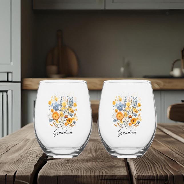Floral Personalised Drinkware Set for Grandma Stemless Wine Glass (Creator Uploaded)