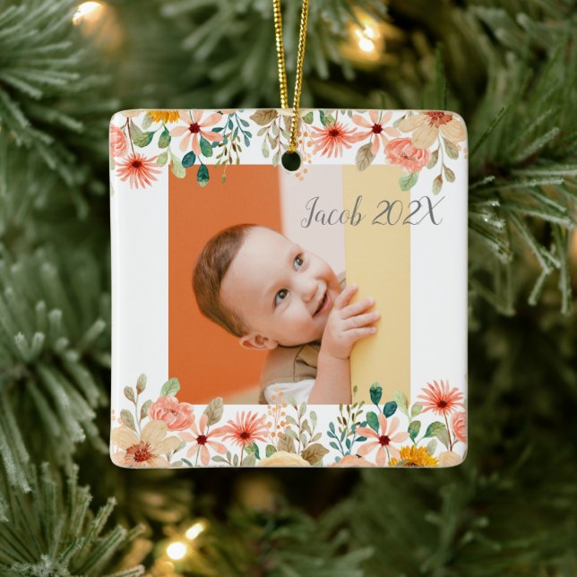 Floral Personalised Grandparents Grandchild Photo Ceramic Ornament (Tree)
