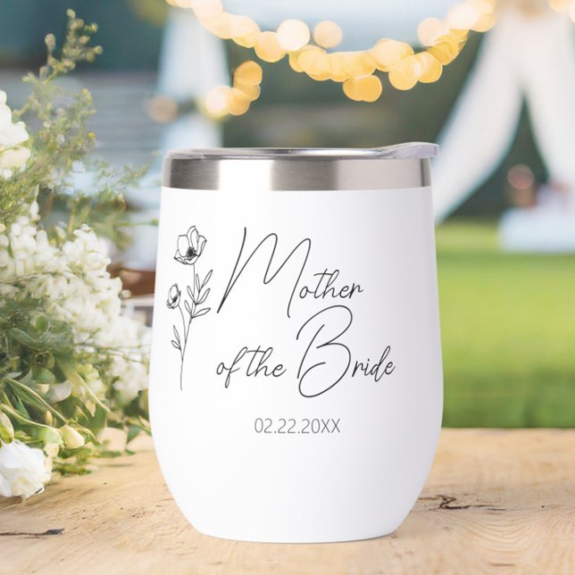Floral Personalised Mother of the Bride Groom  (mother of the bride gift,wine tumbler with name,wildflower floral stemless wine glass,wedding bridal)