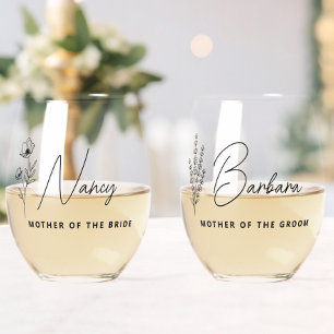 Floral Personalised Mother of the Bride Groom  Stemless Wine Glass