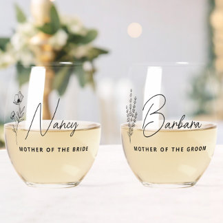 Floral Personalised Mother of the Bride Groom  Stemless Wine Glass