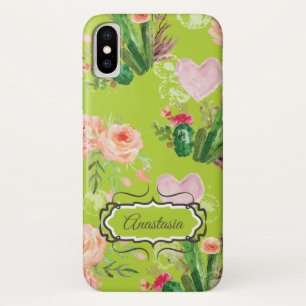 Floral Personalised pastel Green Cactus iPhone X Case