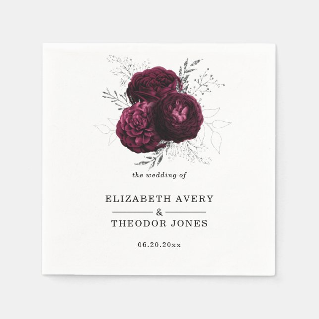 Floral Personalised  Wedding Burgundy Napkin (Front)