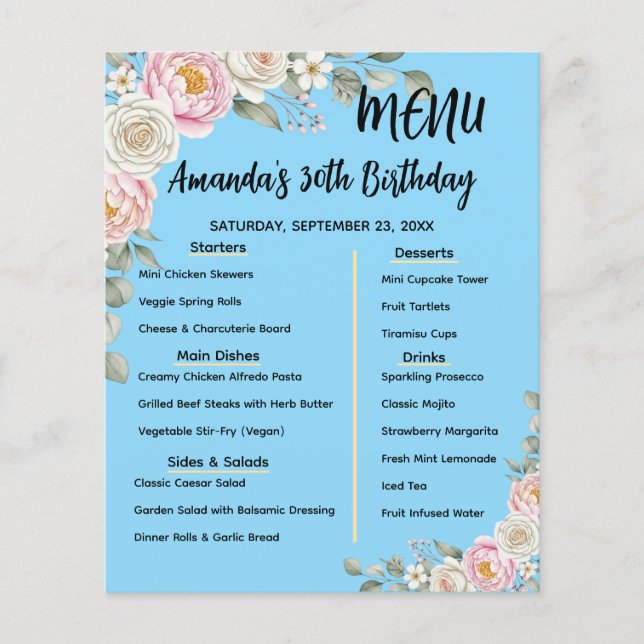 Floral Personalized Birthday Menu Program Card (Front)