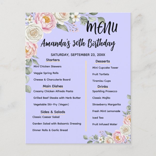Floral Personalized Birthday Menu Program Card (Front)