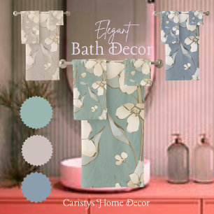 Floral Petals Cream Shades on Pale GreenTeal Bath Towel Set