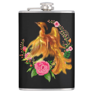 Floral Phoenix Rises From The Fiery Ashes Fantasy Hip Flask
