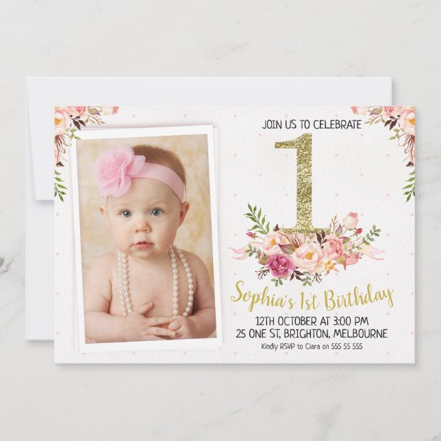Floral Photo 1st Birthday Party Invitation (Front)