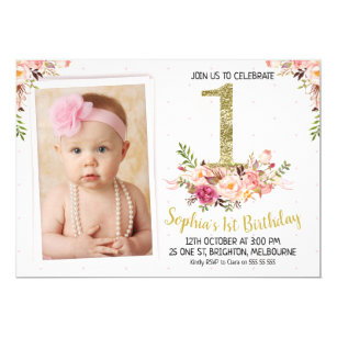 Floral Photo 1st Birthday Party Invitation