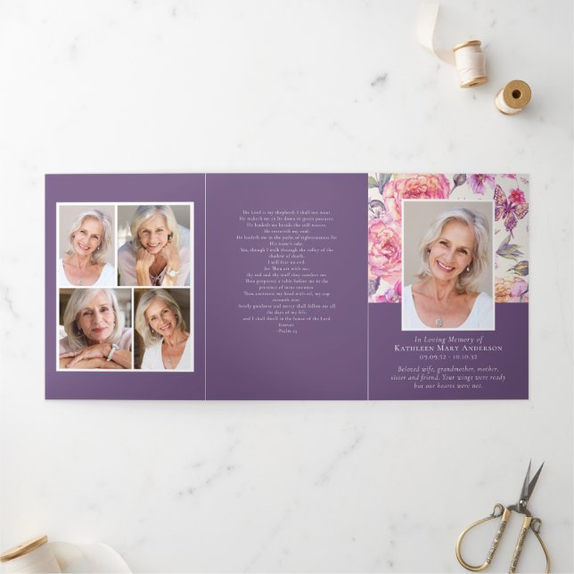 Floral Photo 6-Page Memorial Order of Service Tri-Fold Invitation (Outside)