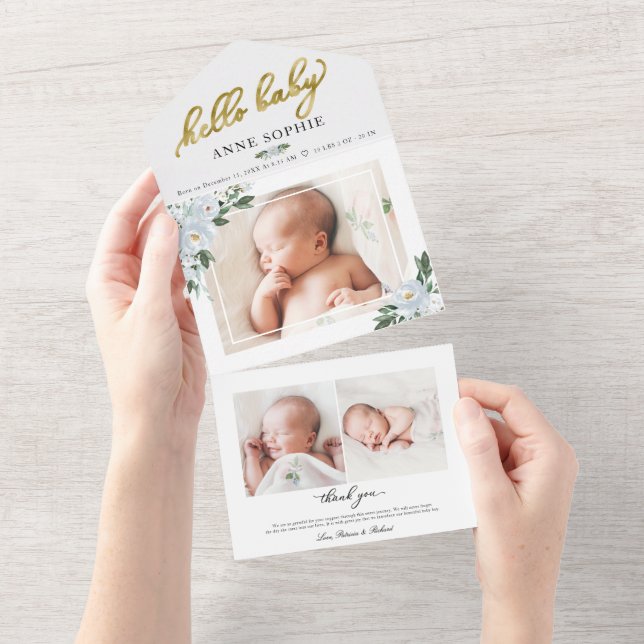 Floral Photo Birth Announcement & Thank You Card (Tearaway)