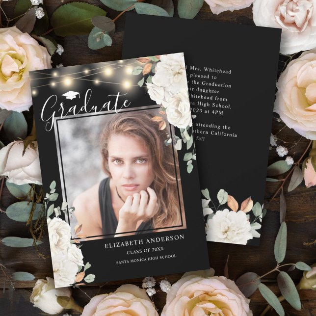 Floral Photo Black Graduation Announcement (Creator Uploaded)