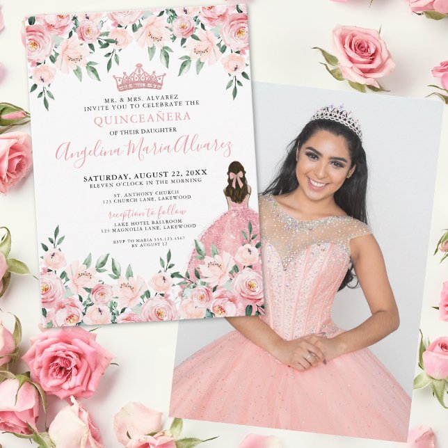 Floral Photo Blush Pink Quinceanera Invitation (Floral Photo Blush Pink Quinceanera Invitation)