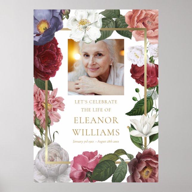 Floral Photo Celebration of Life Funeral Sign (Front)