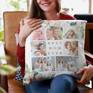 Floral Photo Collage BEST MOM EVER Custom Text Cushion