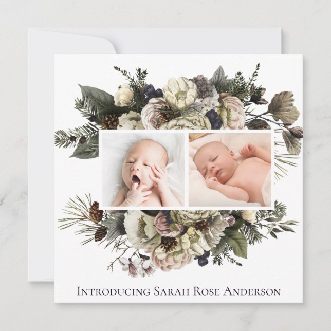 Floral Photo collage Birth Announcement (Front)