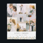 Floral Photo Collage Fleece Blanket<br><div class="desc">Floral Photo Collage Fleece Blanket. This stylish wedding blanket features a collage of 7 (4 vertical & 3 square) wedding photos,  the bride and groom's name,  and wedding date. The artwork is a frame of beautiful wildflowers in hand-painted watercolor in colours of dusty blue,  spring yellow,  and sage greenery.</div>