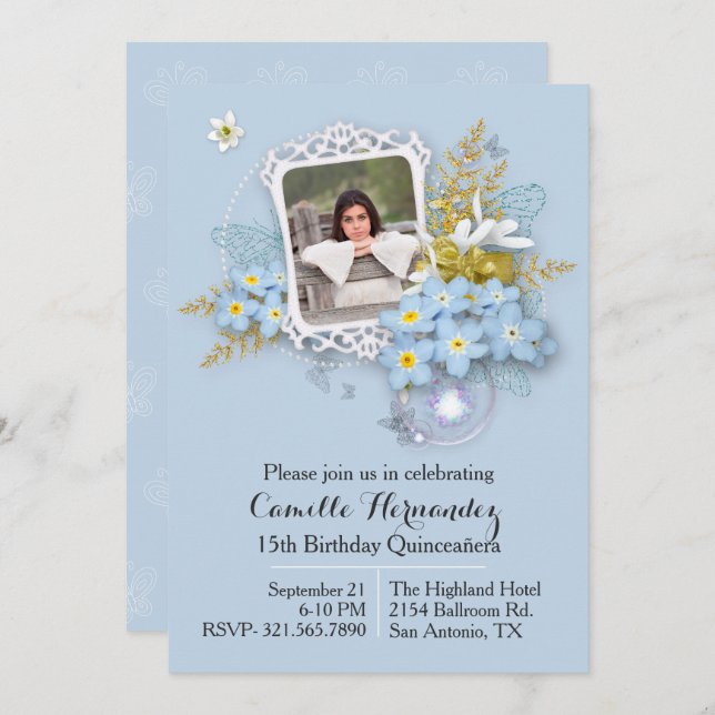 Floral Photo Frame Quinceañera Invitation (Front/Back)