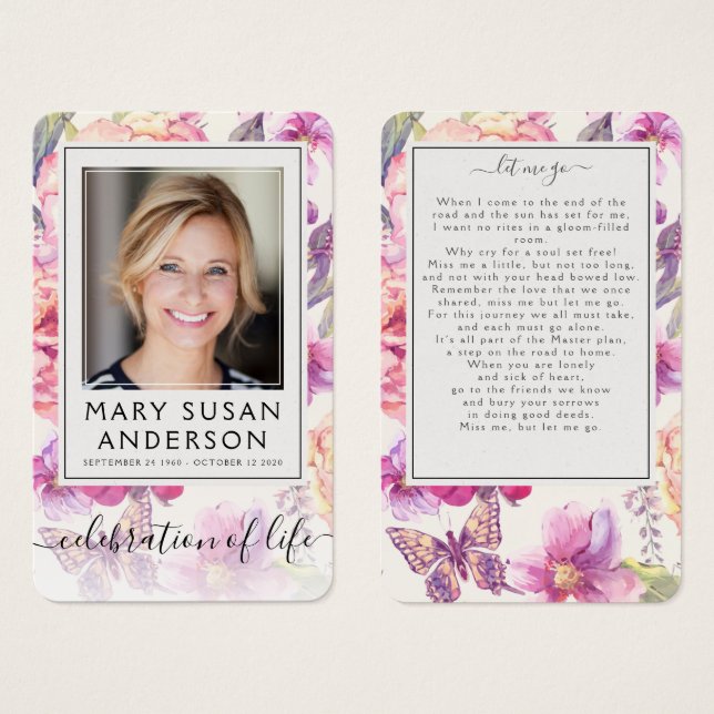 Floral Photo Funeral Memorial Poem Card (Front & Back)