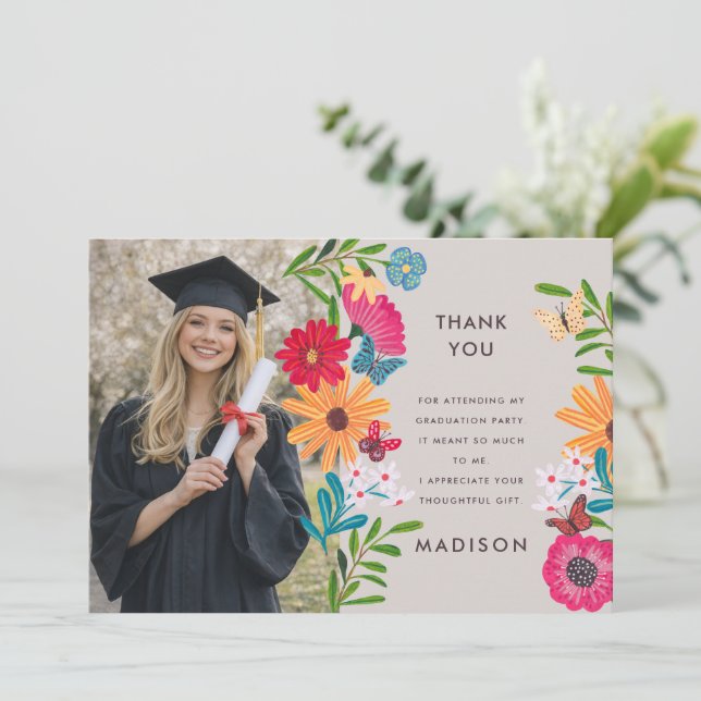 Floral Photo Graduation Thank You Card (Standing Front)