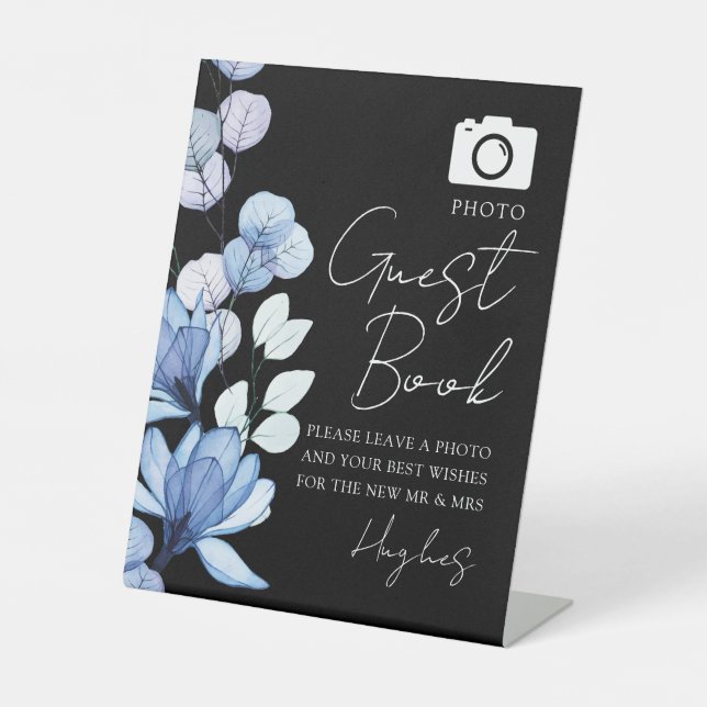 Floral Photo Guest Book Black And White Wedding Pedestal Sign (Front)