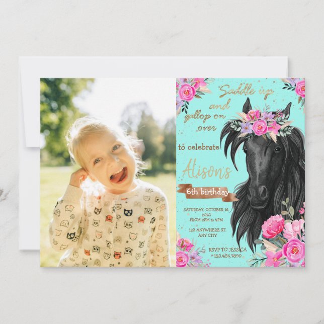 Floral Photo Horse Birthday Theme Invitation (Front)