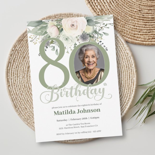 Floral Photo Sage 80th Birthday  Invitation (Creator Uploaded)