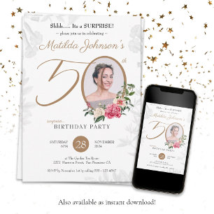 Floral Photo Surprise 50th Birthday Invitation