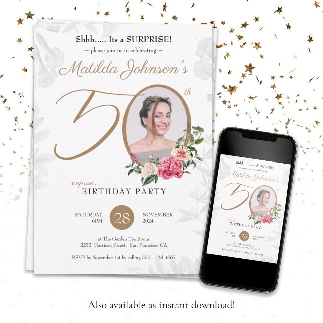 Floral Photo Surprise 50th Birthday Invitation (Surprise 50th Birthday Chic Floral Botanical Photo Invitation)