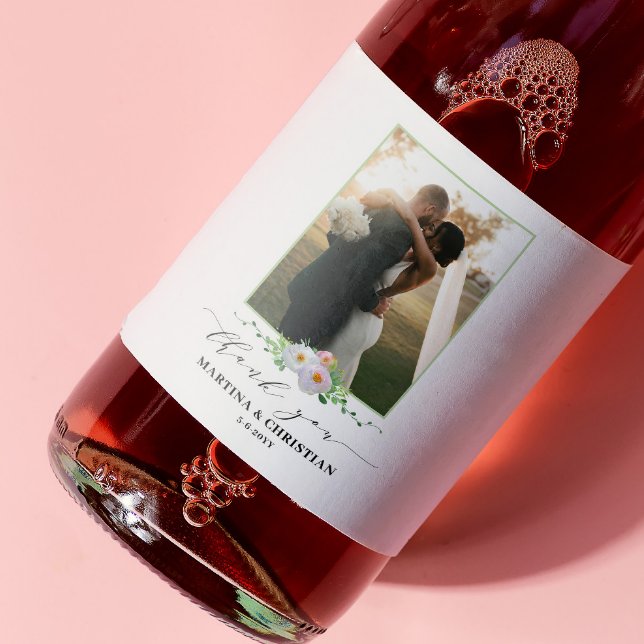 Floral Photo Thank you  Wedding  Sparkling Wine Label (Creator Uploaded)