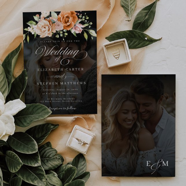 Floral Photo Wedding Orange and Blush Pink Invitation (Creator Uploaded)
