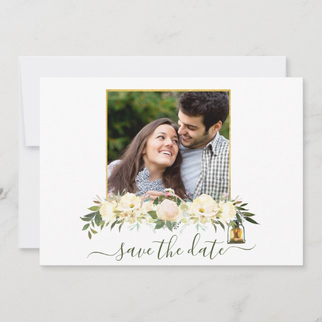 Floral Photo White Gold Lanterns Save The Date Invitation (Front)