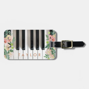 floral piano design luggage tag