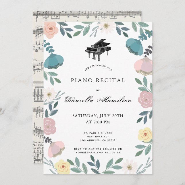 Floral Piano White Recital Invitation (Front/Back)