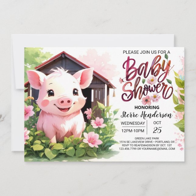 Floral Pig Farm Animals Baby Shower Invitation (Front)