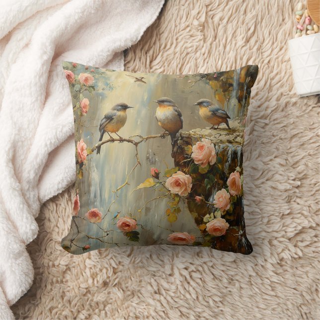 Floral Pillow with Roses Waterfall Birds Throw (Blanket)