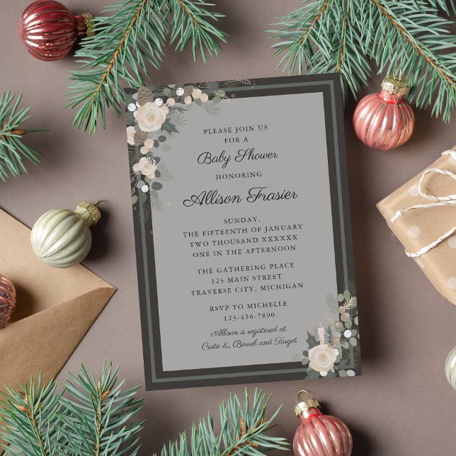 Floral Pine Holiday Winter Christmas Baby Shower Invitation (Creator Uploaded)
