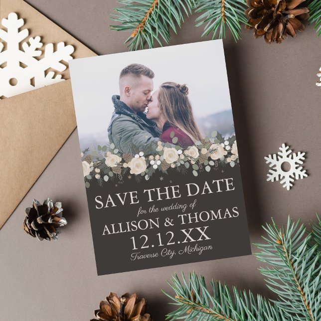 Floral Pine Holiday Winter Christmas Wedding Save The Date (Creator Uploaded)