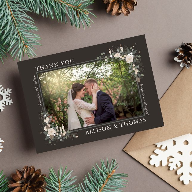 Floral Pine Holiday Winter Christmas Wedding Thank You Card (Creator Uploaded)