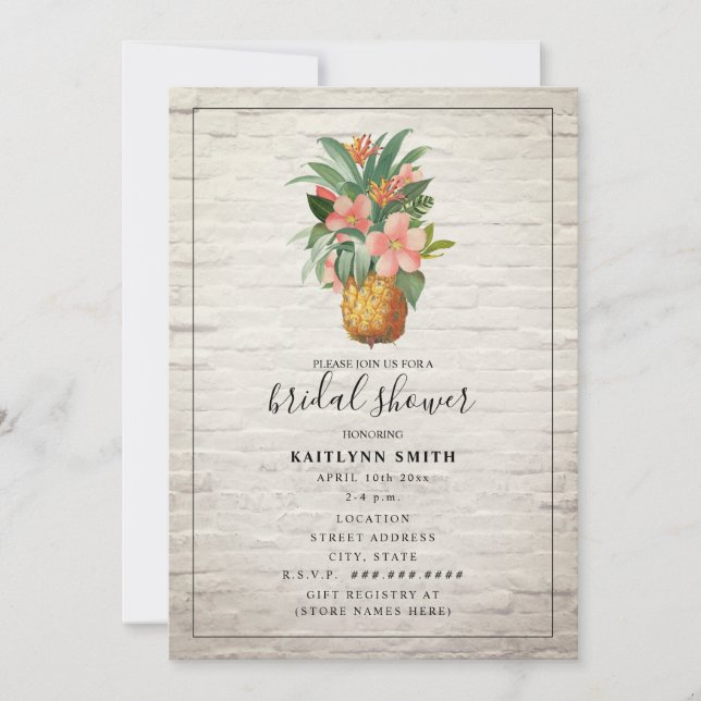 Floral Pineapple Brick Tropical Bridal Shower Invitation (Front)